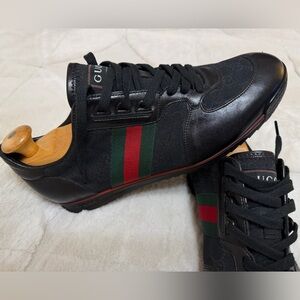 Gucci Ace Black Leather Canvas Signature Red Stripe Low Tennis Sneakers 10.5